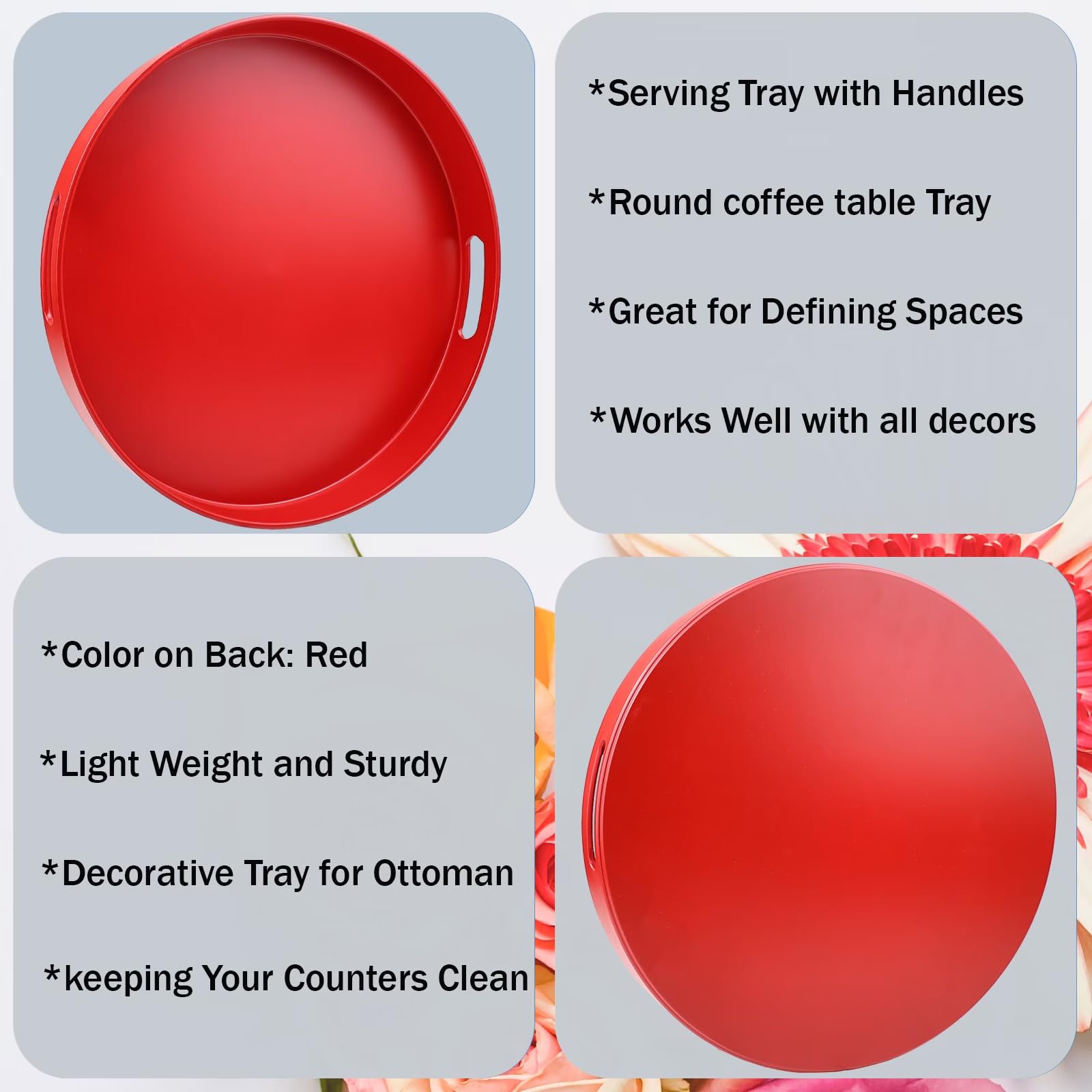 SforGUVA Round Red Decorative Serving Tray with Handles, 13” Versatile Ottoman Tray for Coffee Table, Entertaining, Outdoor Patio, Living Room