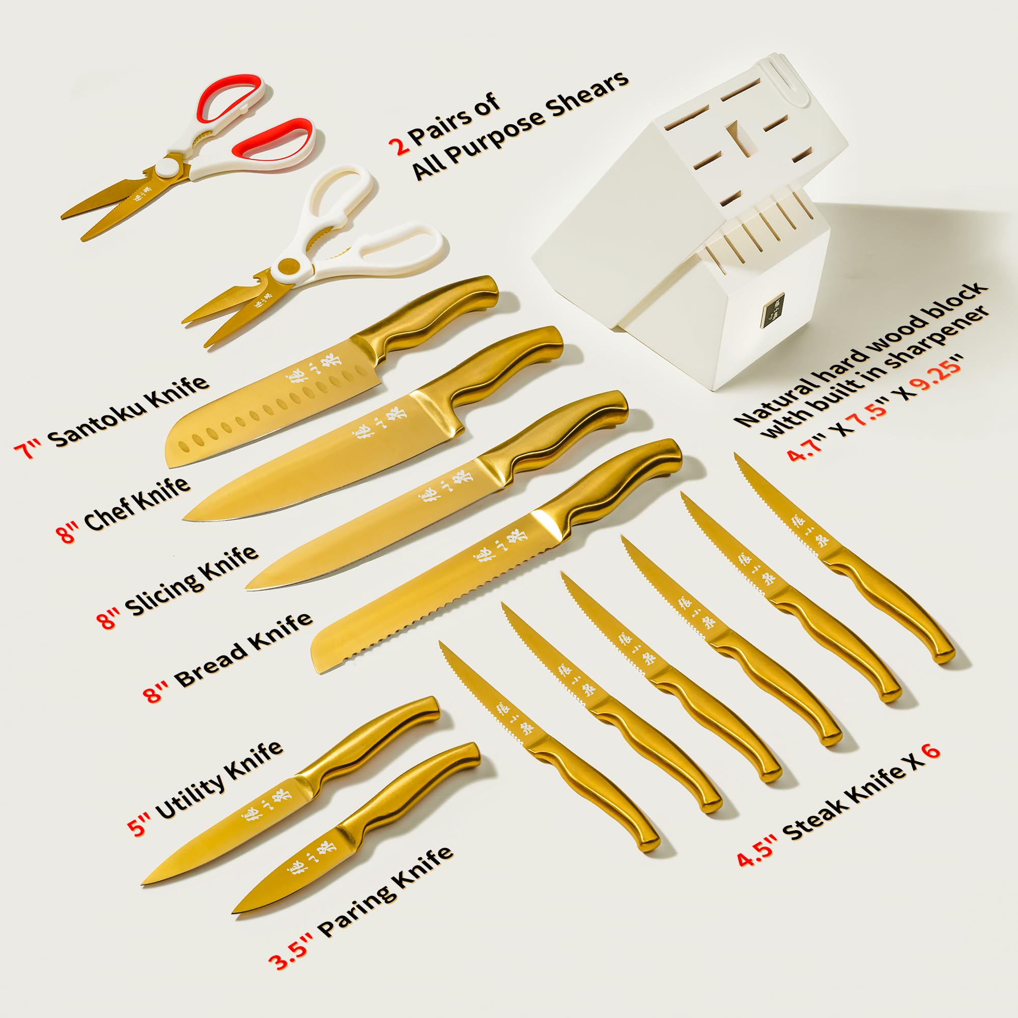 ZHANG XIAO QUAN Gold Knife Set with White Block, High Carbon Stainless Steel Sharp Blades, Built-in Sharpener Kitchen Knife Block Set for Home Cooking