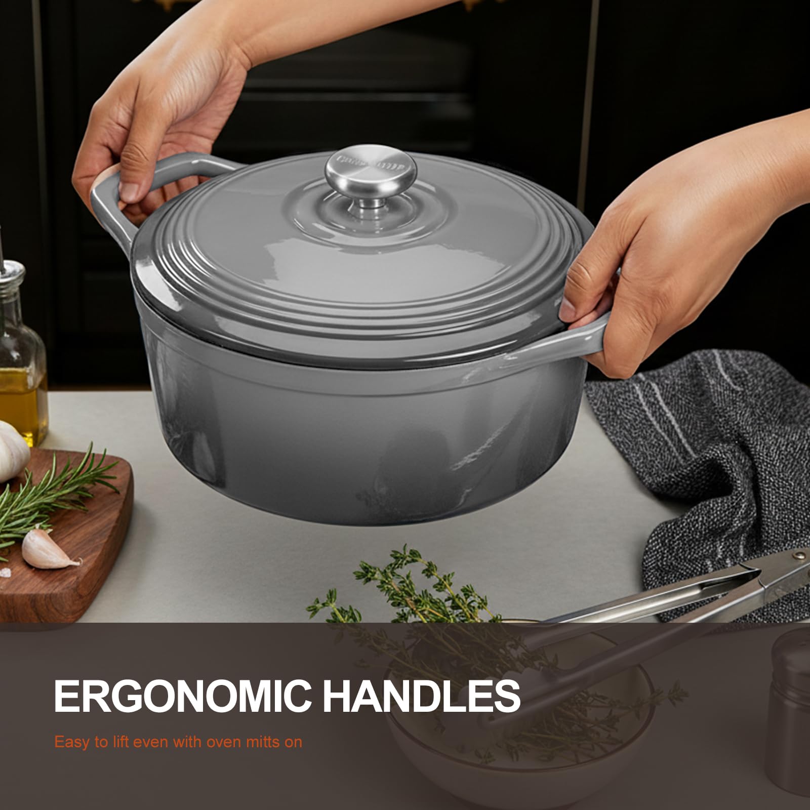 Overmont Enameled Cast Iron Dutch Oven - 5.5QT Pot with Wide Handles Lid Cookbook & Cotton Potholders - Heavy-Duty Pre-Seasoned Cookware Oven Safe to 500°F for Braising, Stews, Roasting, Sourdough Baking Grey