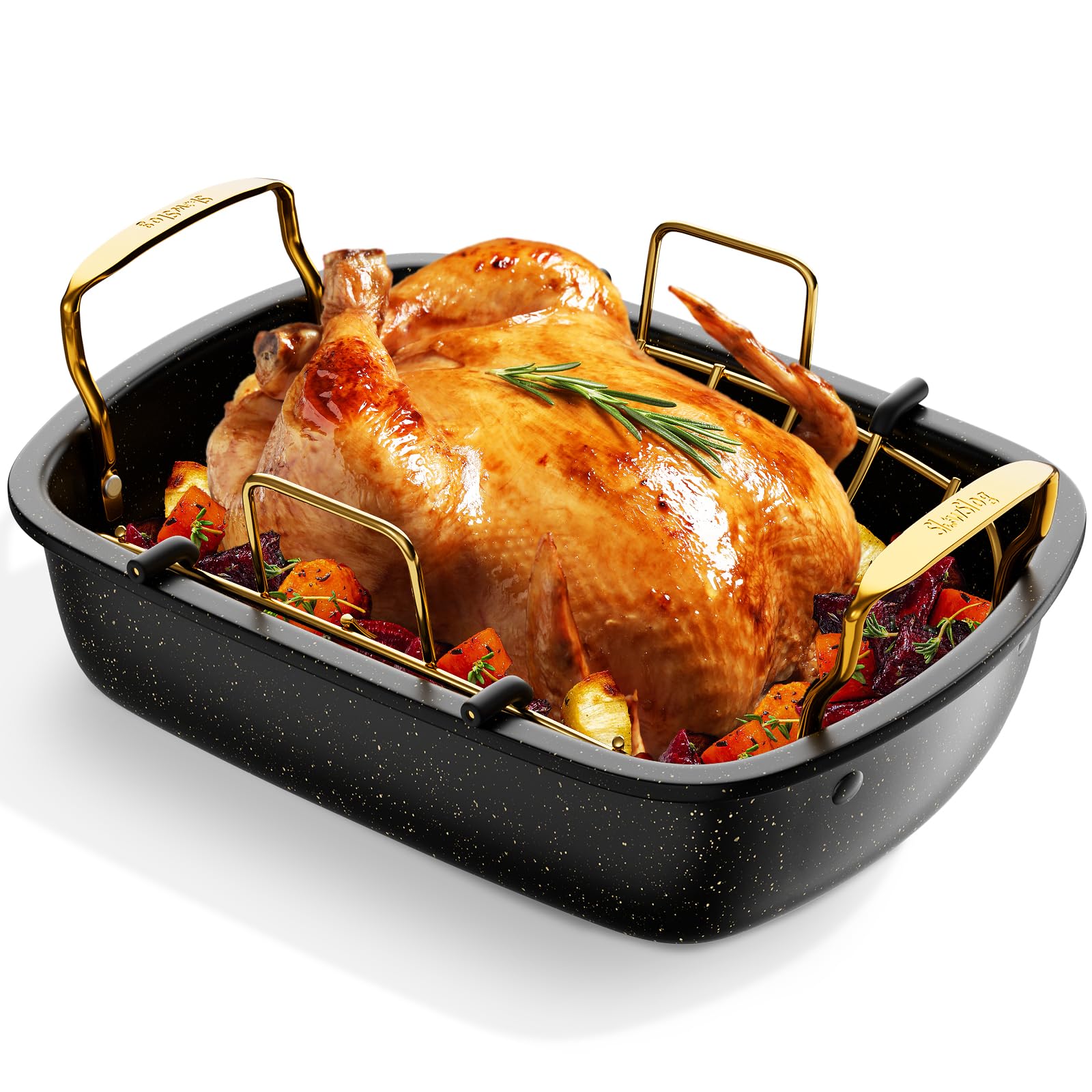 Nonstick Roasting Pan with Rack, 17" x 13" Large Turkey Roaster Pan, Oven Roasting Pan, Roaster Pan for Turkey, Chicken, Vegetable, Gold & Black