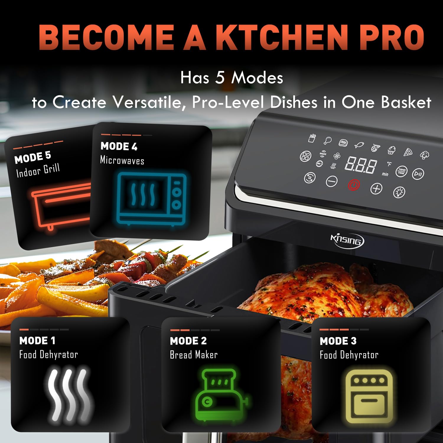 KINSING Air Fryer with Window Visible 8-in-1,8.7-Qt Large space,85% Less Oil,Roast, Bake, Dry, Reheat, Frozen, Broil,160-400℉ Even Results With Precise Temperature Control,Dishwasher-Safe
