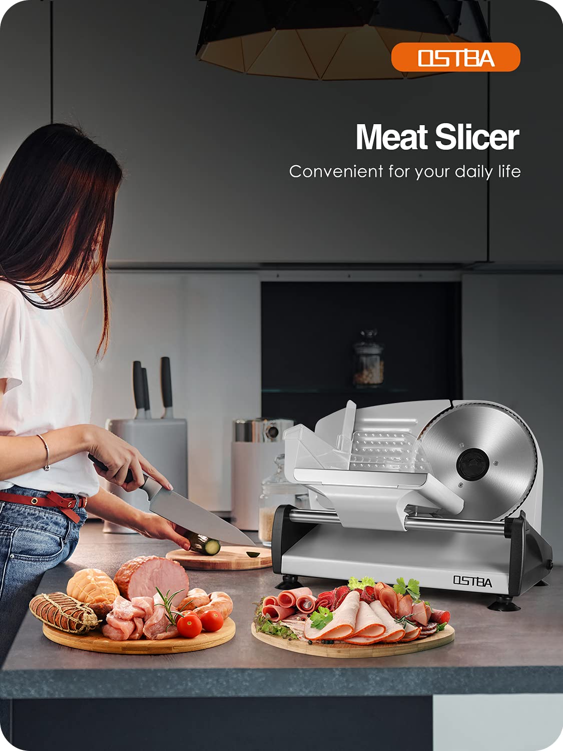 OSTBA Electric Deli Meat Slicer, 200W Food Slicer with 0-15mm Adjustable Thickness, 7.5” Removable Stainless Steel Blade & Food Carriage, Child Safety Lock, Easy to Clean - For Home Use