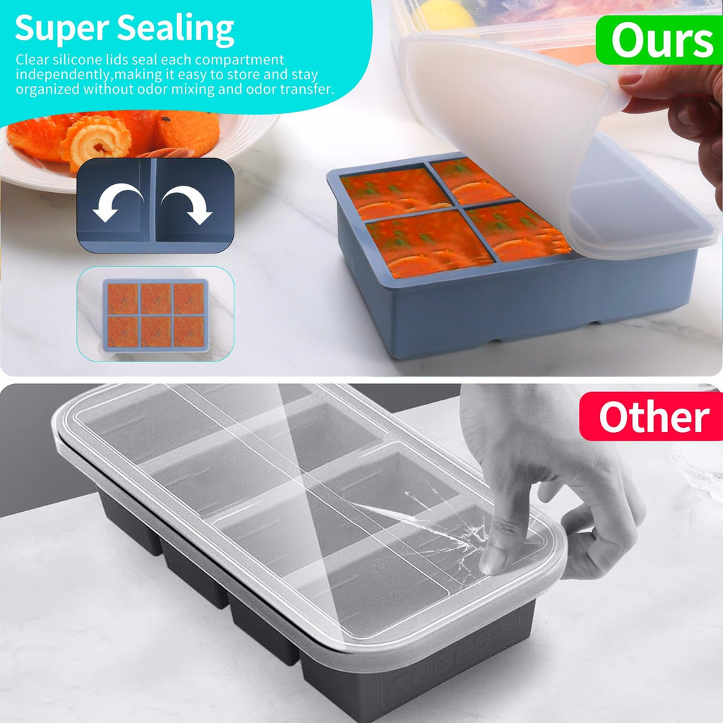 BECOKIT 1/2 Cup Silicone Freezer Tray With Lid,Silicone Freezer Molds 3-Pack For meal prep & freezing of various sauces and other dishes, makes 18 perfect 1/2 cup portions cubes (Multicolor 3 Pack)