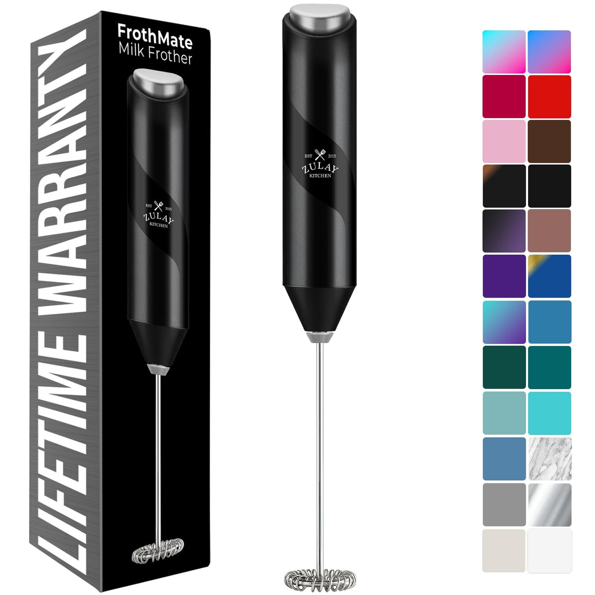 Zulay Kitchen Powerful Milk Frother Wand - Handheld Stainless Steel - Battery Operated Drink Mixer for Coffee, Lattes, Cappuccino, Matcha - Froth Mate Frother Gift - Cool Tide