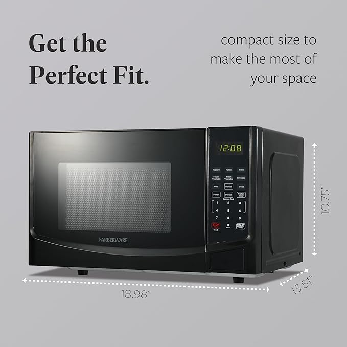 Farberware 0.9 Cu. Ft. Black Microwave Oven, 900W with LED Display, 10 Power Levels, 8 Auto-Cook Presets, Express Cooking & Defrost