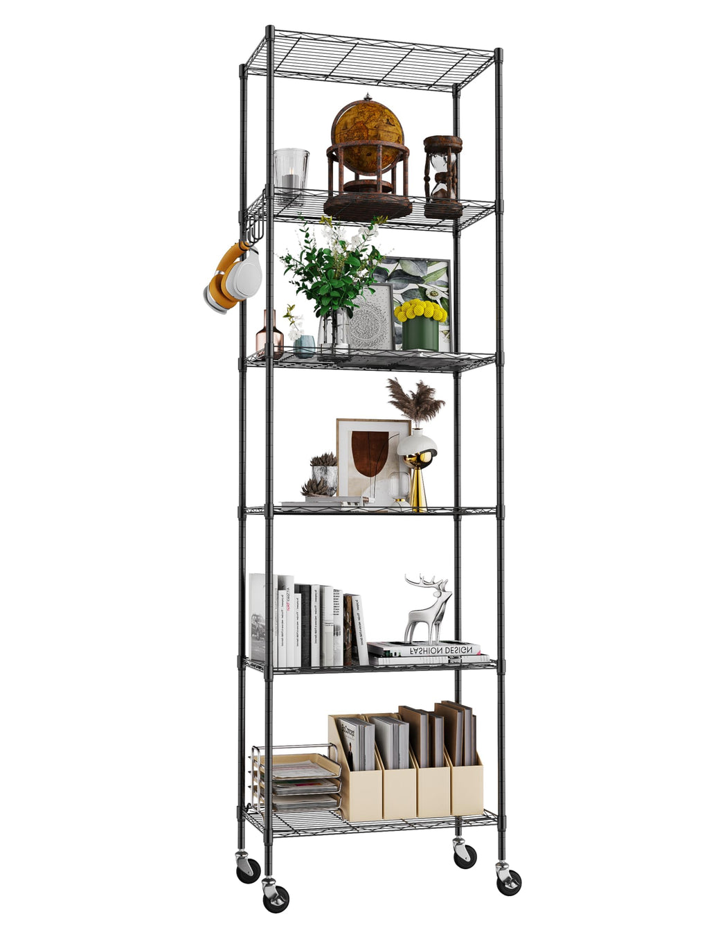Himimi 6-Tier Storage Shelf Units, Adjustable Wire Shelving with Wheels, Metal Shelves with Stainless Side Hooks, Free Standing Shelving for Laundry Bathroom Kitchen Pantry Closet, Black