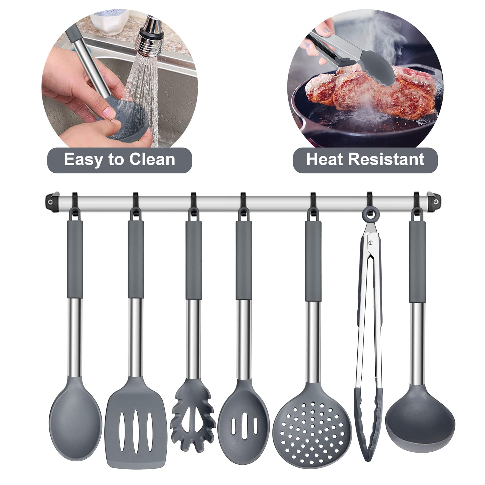 E-far Silicone Cooking Utensils Set, 7 Pcs Heat Resistant Kitchen Utensils with Stainless Steel Handle, Slotted Turner, Spoon, Soup Ladle, Pasta Server, Skimmer, Tongs for Nonstick Cookware, Gray