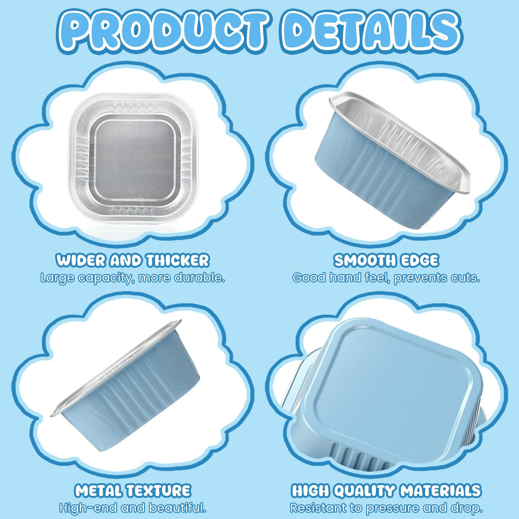 Aoriher 150 Pcs 10 oz Mini Cake Pans with Lids Aluminum Foil Baking Cup Disposable Square 4 x 4 Large Baking Tin, Muffin Pan Cheesecake Kitchen Brownie Pudding Desserts Holder(Sky Blue)