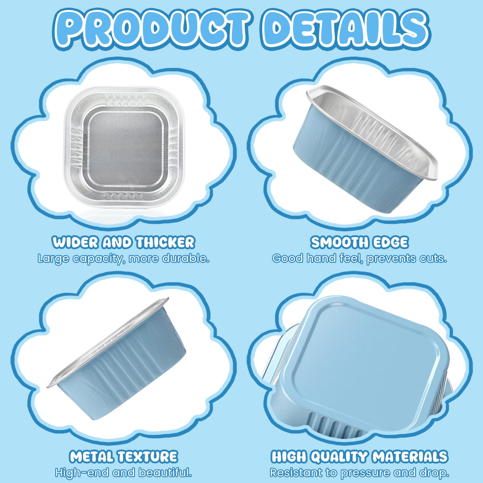 Aoriher 150 Pcs 10 oz Mini Cake Pans with Lids Aluminum Foil Baking Cup Disposable Square 4 x 4 Large Baking Tin, Muffin Pan Cheesecake Kitchen Brownie Pudding Desserts Holder(Sky Blue)