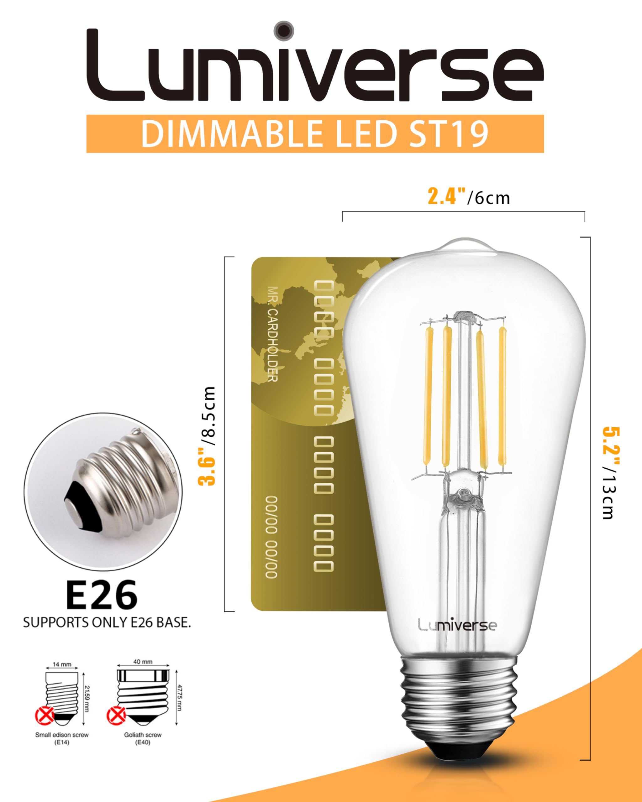 Lumiverse 120 Pack E26 led Bulb 60 watt dimmable Vintage LED Edison Bulbs 5.5W, 60W Equivalent, 2700K Soft White, Antique Style ST19/ST58 LED Light Filament Bulbs, CRI 90+, E26 Base