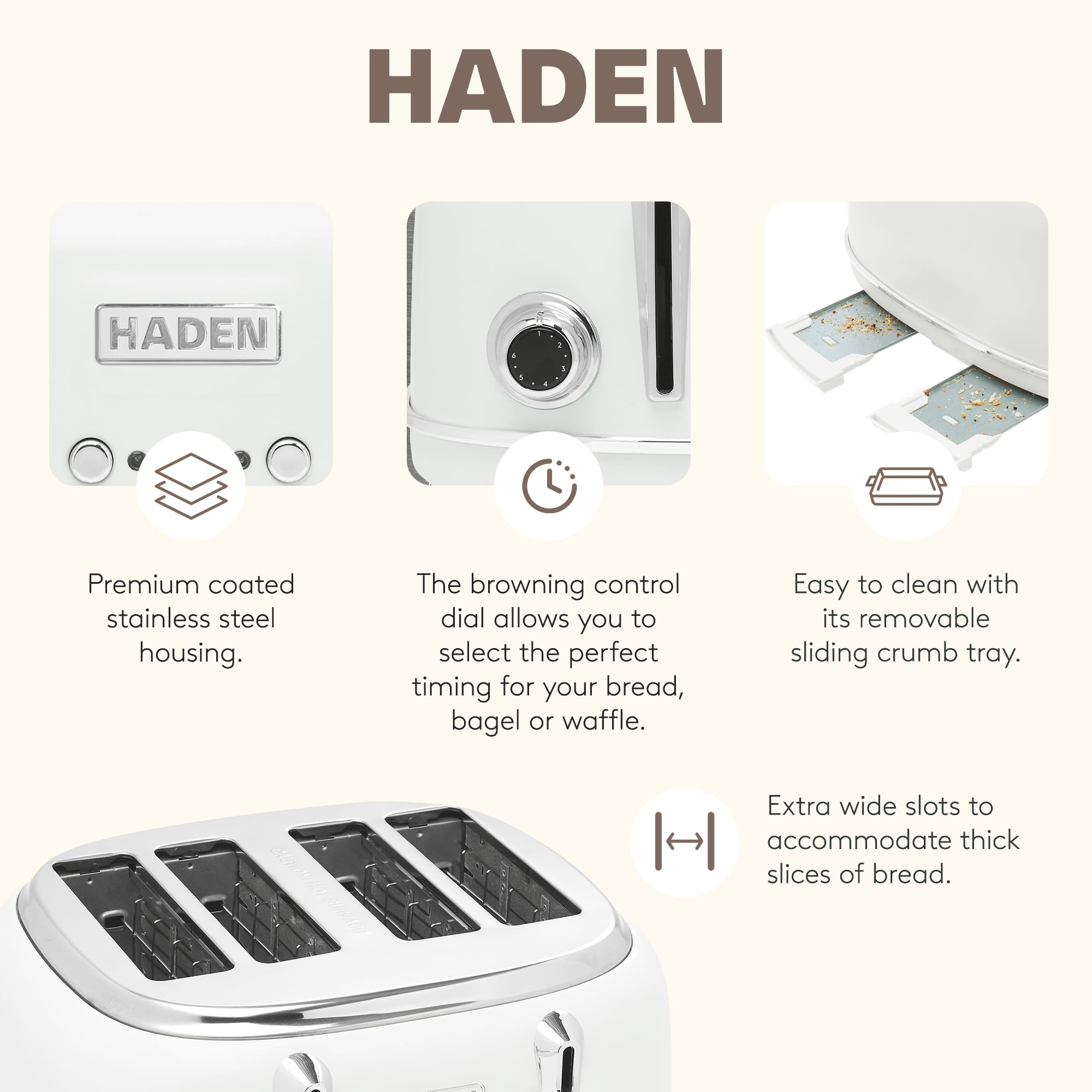 Haden Heritage Stainless Steel Body Retro Electric Tea Kettle, White and Haden Heritage 4 Slice Wide Slot Stainless Steel Retro Toaster, White