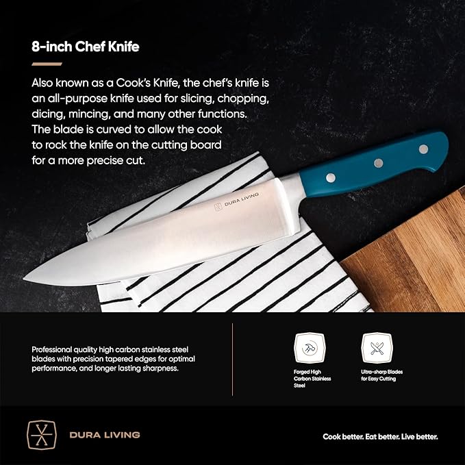 DURA LIVING 3-Piece Kitchen Knife Set – Ultra-Sharp Forged High Carbon Stainless Steel, 8" Chef, 5" Utility, 3.5" Paring Knives, Ergonomic Handles, Professional Starter Set, Royal Blue