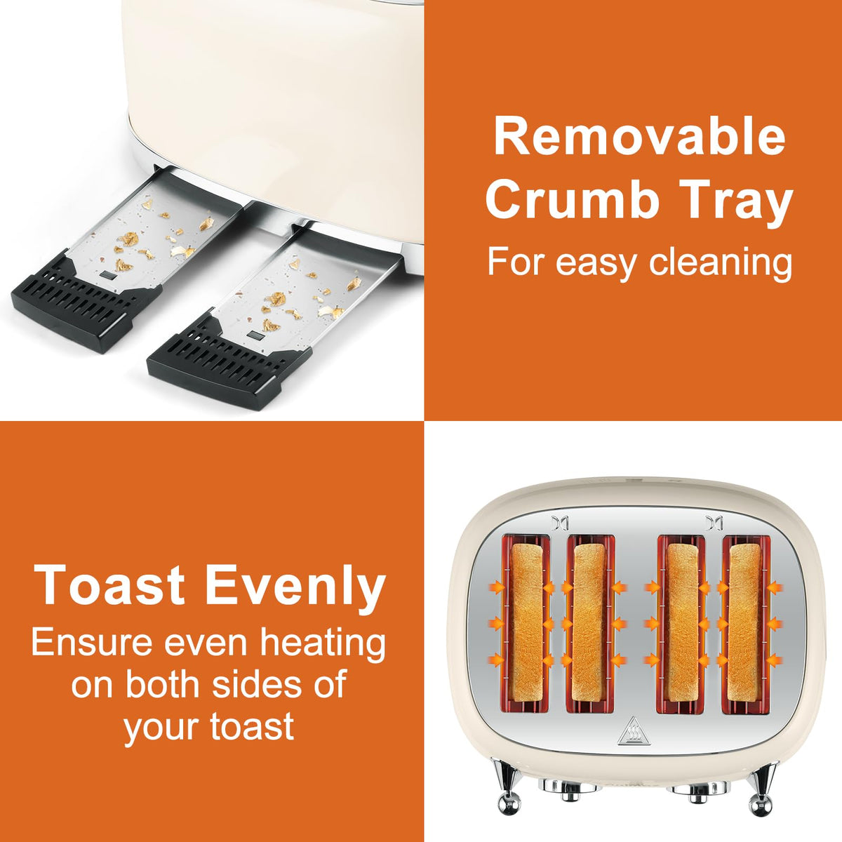 CUSIMAX Toaster 4 Slice, Retro Toaster with Wide Slots for Bagels, Cream