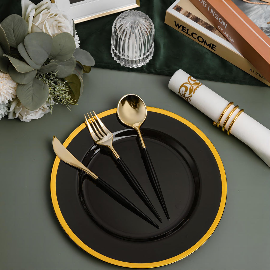 N9R 150PCS Black and Gold Plastic Silverware, Disposable Utensils & Cutlery
