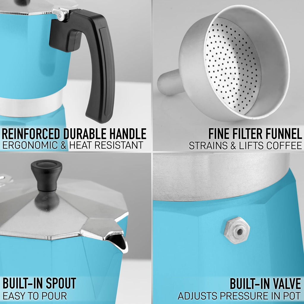 Zulay Premium Moka Pot Espresso - Leak-Proof Stovetop Espresso Maker - Perfect for Authentic Cuban & Italian Style Espresso - Makes 6 Espresso Cups - Light Blue