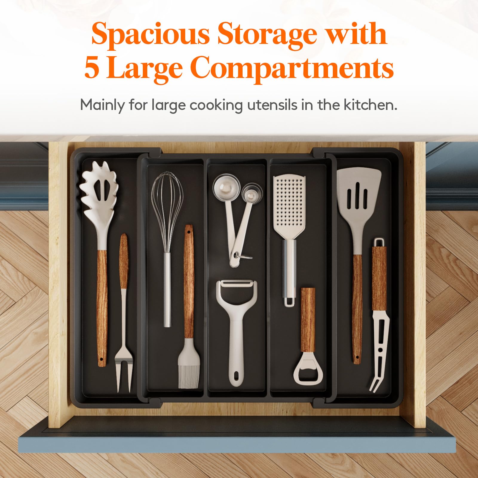 Lifewit Utensil Organizer for Kitchen Drawers, Expandable Cooking Utensil Tray, Adjustable Cutlery Silverware Flatware Holder, Plastic Spatula Tools Storage Divider, 11-18 x 14", Black