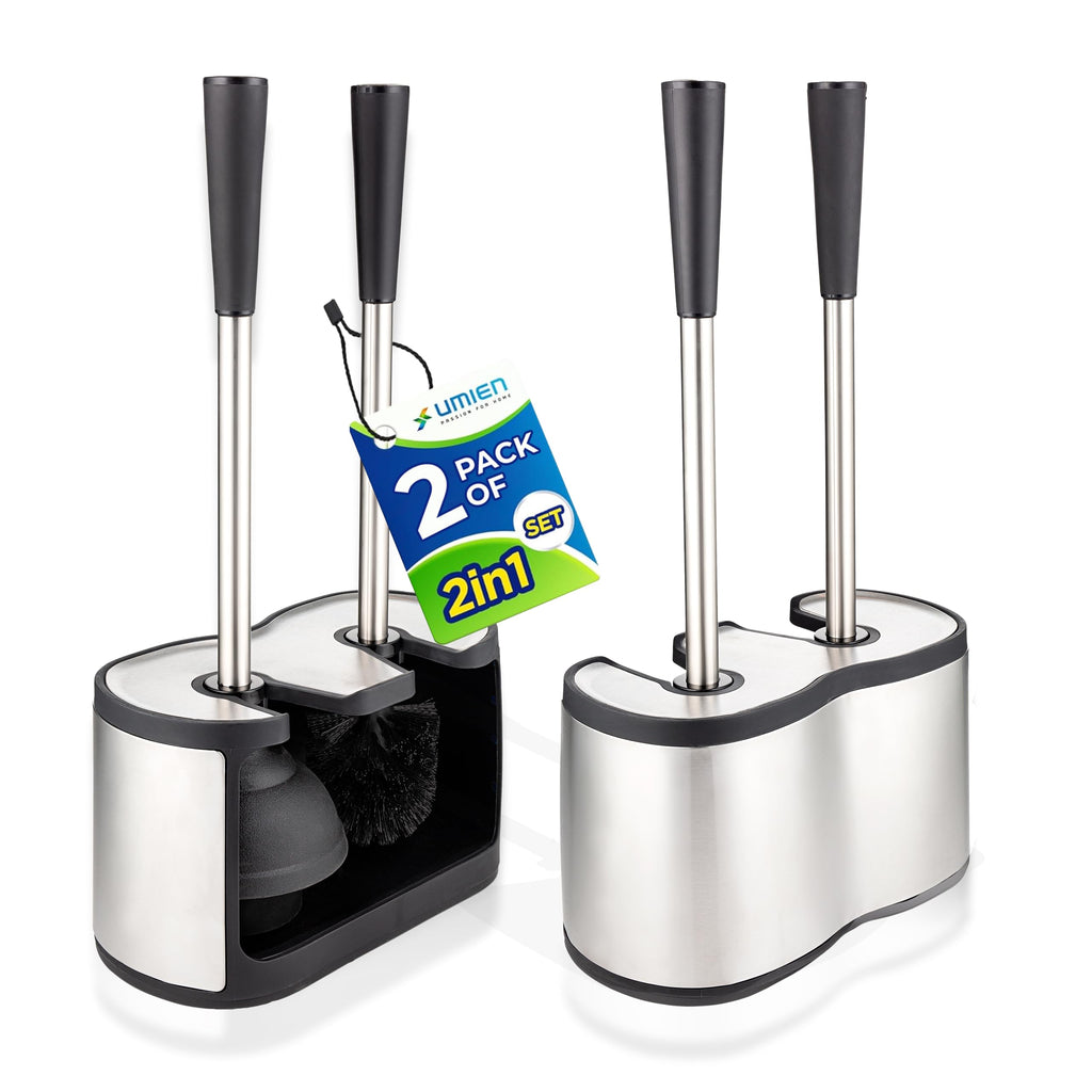 UMIEN 2-Pack Toilet Brush and Plunger Set, Satin Nickel, Long Handle