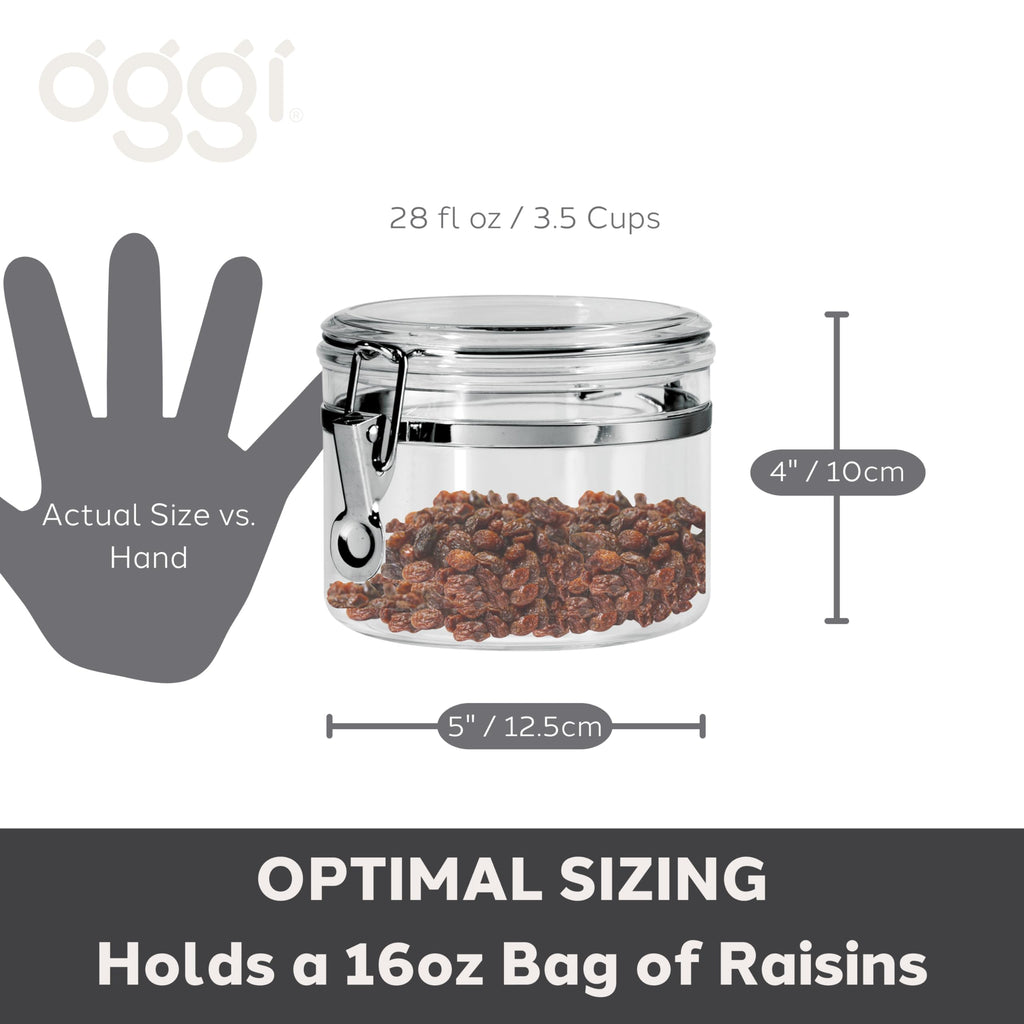 Oggi Clear Canister with Clamp Lid, 28 oz - Large Airtight Food Storage Container, for Kitchen & Pantry Storage of Bulk, Dry Foods Including Pasta, Flour, Sugar, Coffee, Rice, Tea, Spices & Herbs