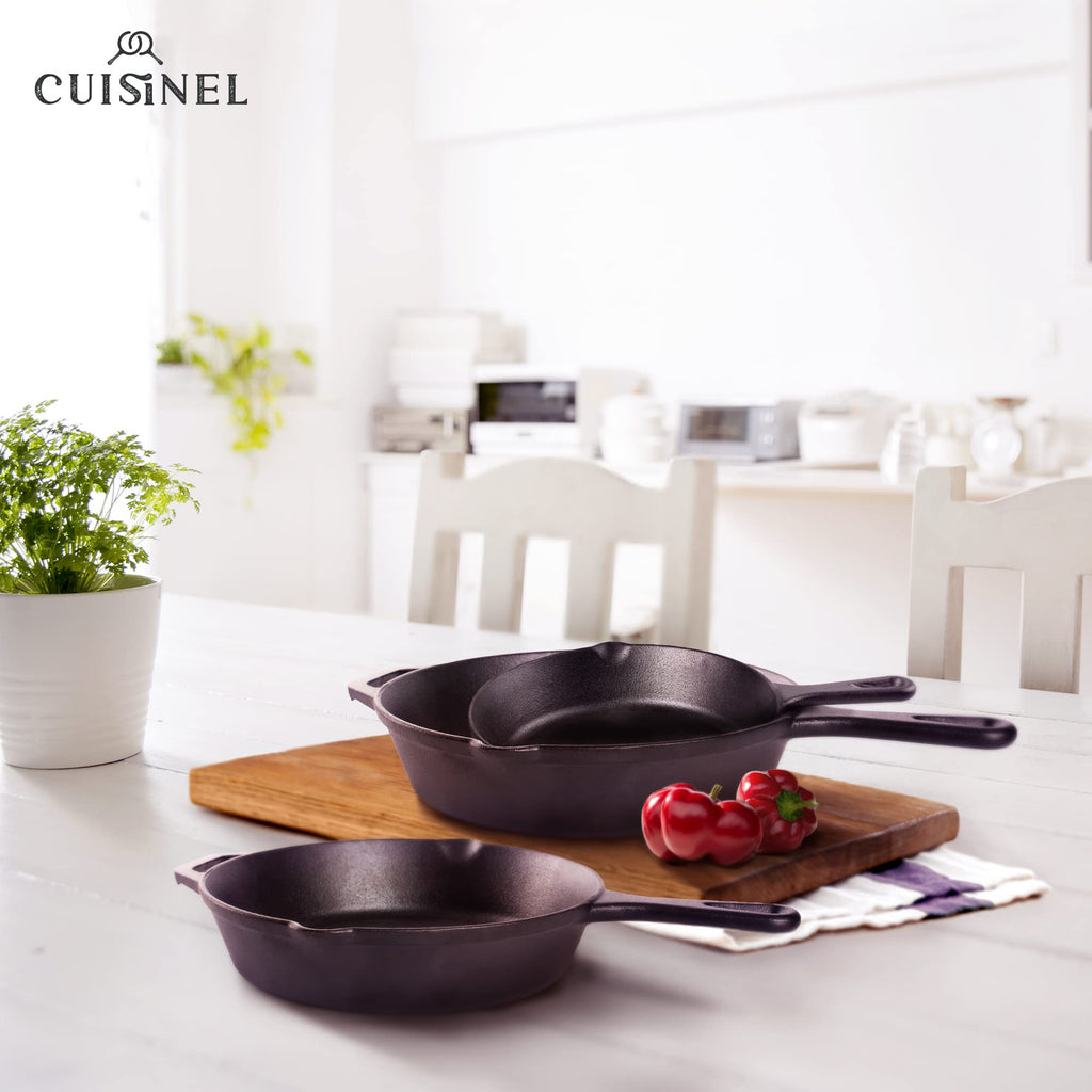Cuisinel Cast Iron Skillet Set - 8" + 10" + 12"-Inch Pre-Seasoned Frying Pans + Silicone Handle Grip Covers - Indoor/Outdoor, Oven, Grill, Stove, BBQ, Fire, Induction Safe Kitchen and Camping Cookware