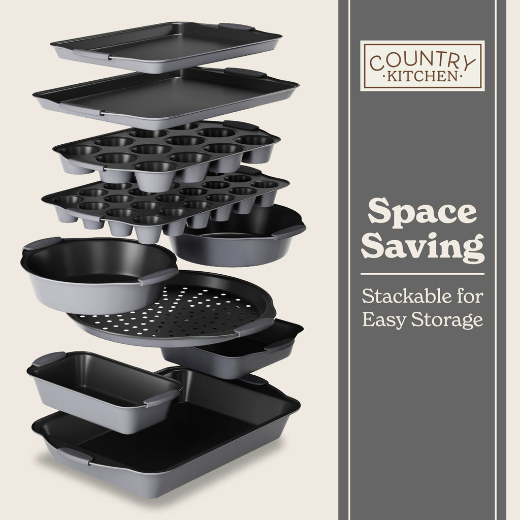 Country Kitchen Nonstick Stackable Bakeware Set - Heavy Duty, Durable, Easy Release Baking Set, Grey, 10 Pcs