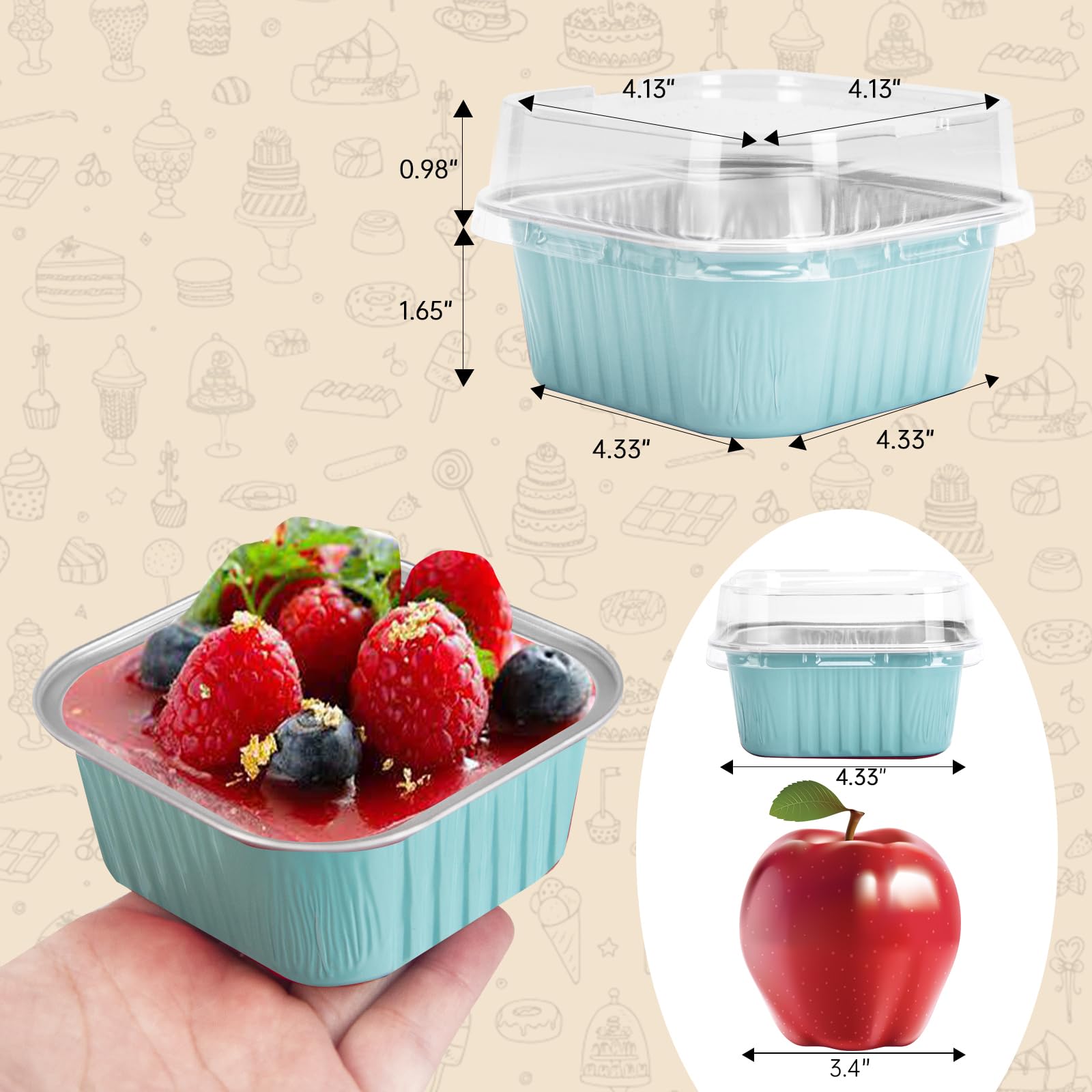 50 Pcs Mini Square Baking Cups with Lids,10oz Aluminum Foil Mini Cake Pans with Lids,Disposable Ramekins Cake Pans,300ml Dessert Cups Cupcake Pans for Wedding Birthday Party,Blue