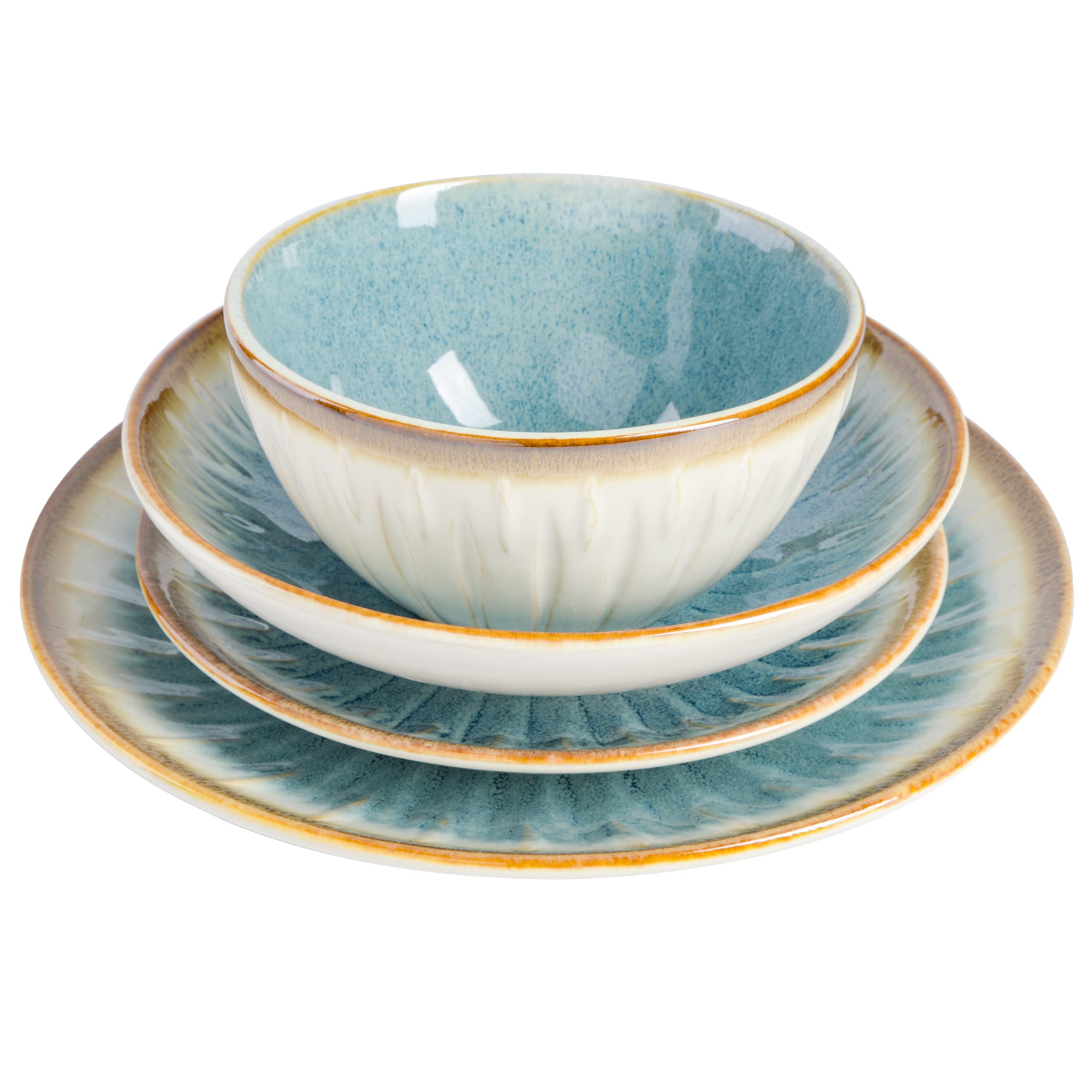Gibson Elite Mayfair Bay 16-Piece Embossed Double Bowl Dinnerware Set, Service for 4 – Blue Stoneware Plates and Bowls