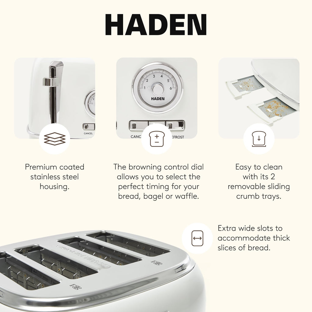 Haden Dorset 4 Slice Wide Slot Stainless Steel Toaster with Adjustable Browning Control & Non-Slip Feet, Ivory & Chrome
