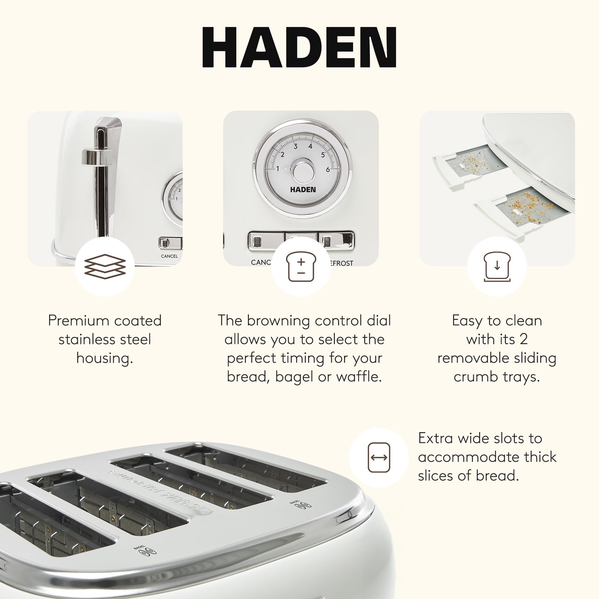 Haden Dorset 4 Slice Wide Slot Stainless Steel Toaster with Adjustable Browning Control & Non-Slip Feet, Ivory & Chrome