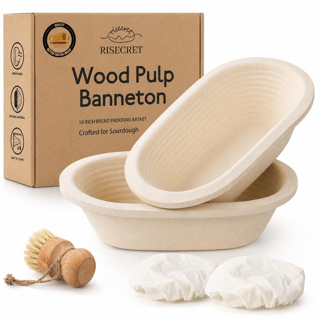 Non-Stick 10" Oval Wood Pulp Banneton Bread Proofing Basket Set Of 2, Sourdough Banneton Basket Set, Bread Making Tool Brotform Sourdough Bread Baking Supplies