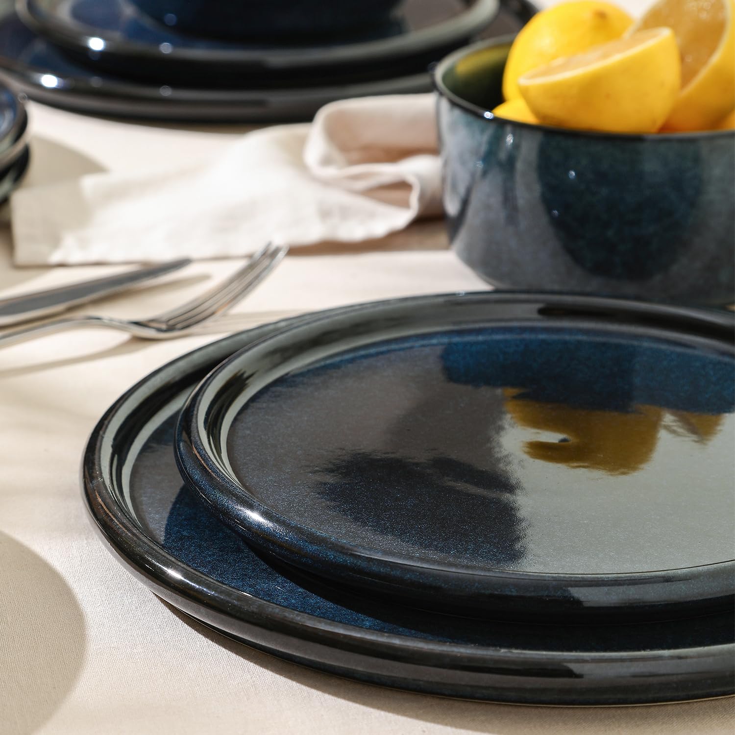 Stone Lain Eden 24-Piece Dinnerware Set Stoneware, Plates and Bowls Set, Dishwasher and Microwave Safe Dish, Dish Set for 8, Dark Blue