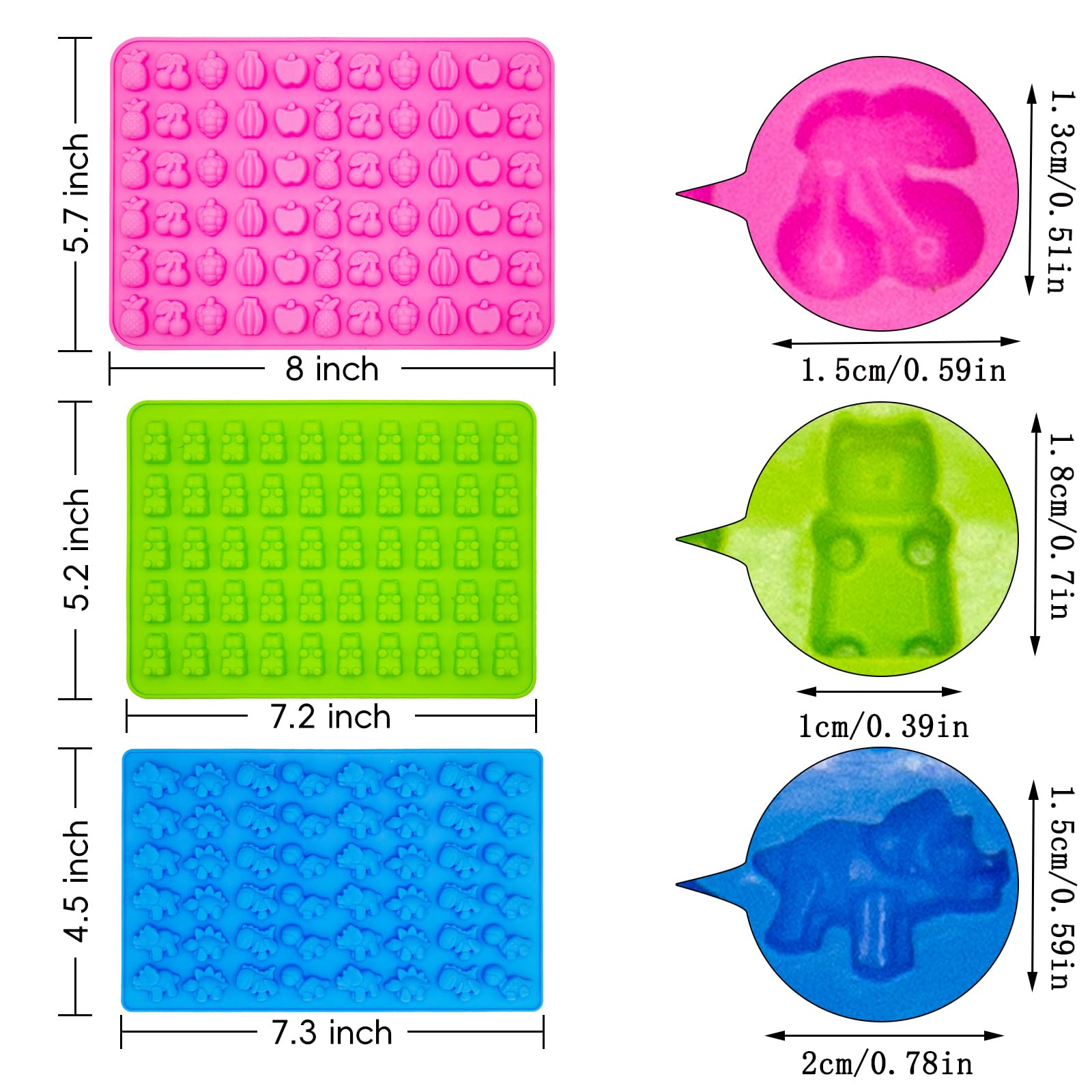 Gummy Candy Molds - Silicone Mini Gummy Bear/Dinosaur/Fruit Snack Molds with 2pcs Dropper,Non-stick and Bpa Free for Candy Chocolate Gummies Baking