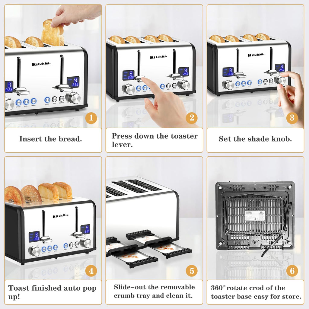 Toaster 4 Slice, KitchMix Bagel Stainless Toaster with LCD Timer, Extra Wide Slots, Dual Screen, Removal Crumb Tray (Black)