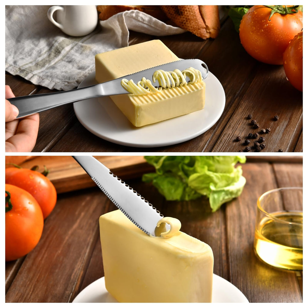 RASRIA 3-in-1 Stainless Steel Butter Knife for Cold & Hard Butter – Butter Spreader, Curler & Slicer with Crescent Hole
