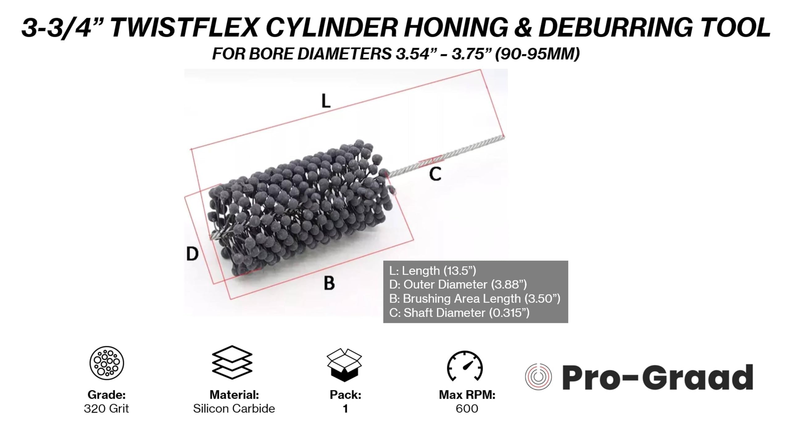 3-3/4” 95mm 320 Grit Silicon Carbide TwistFlex Cylinder Hone 90-95mm