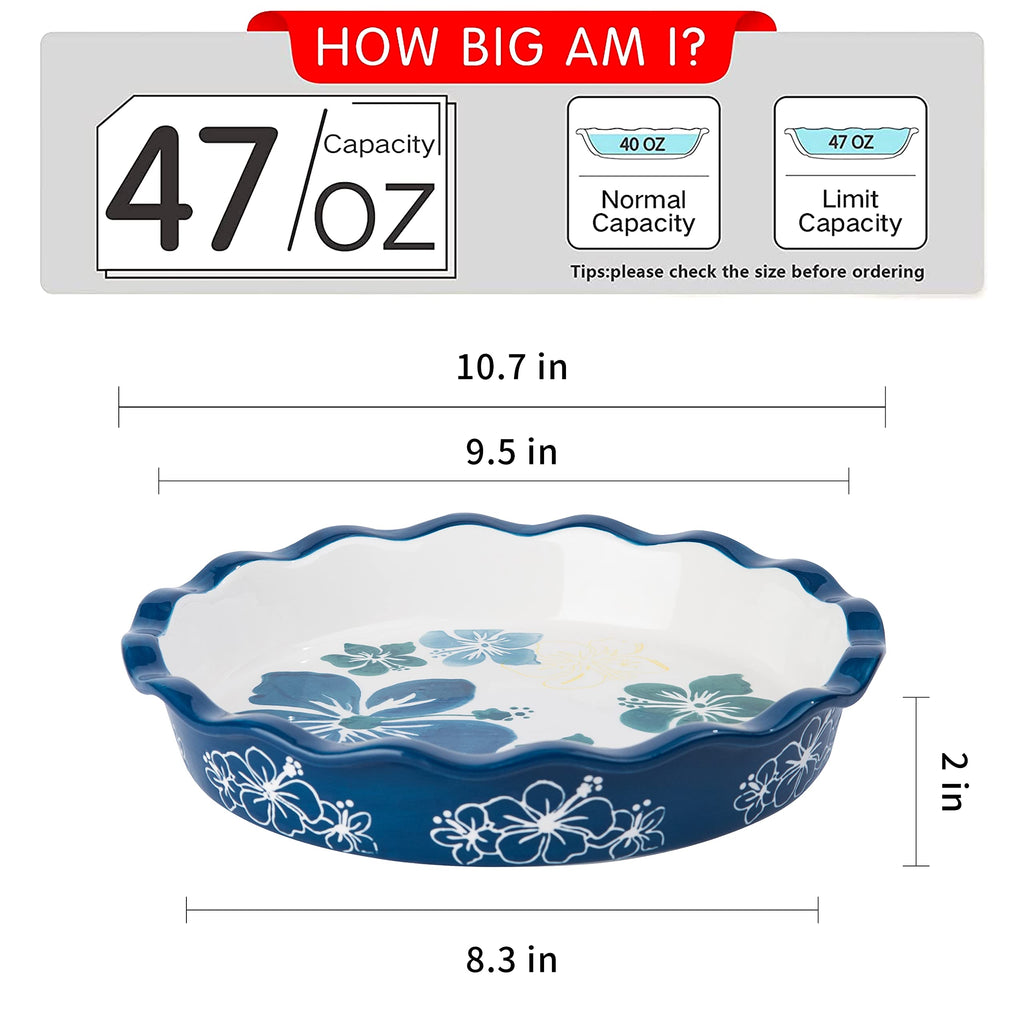 Sagoskat Pie Pan Ceramic Pie Plate, 9 inch Deep Dish Pie Pans, Nonstick Pie Pans for Baking, Blue and White Floral Pie Dish For Kitchen