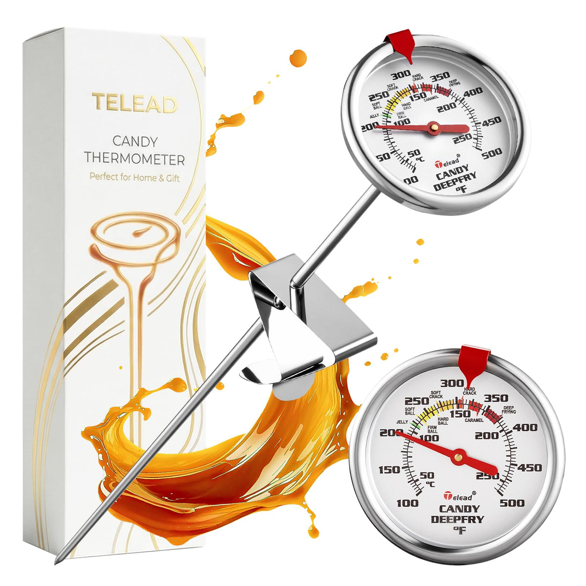 Telead Candy Thermometer Waterproof IP67 - Oil Thermometer for Frying with Clips - 9" Side of Pot Thermometer Deep Fry for Oil Candy Candle BBQ - Silver