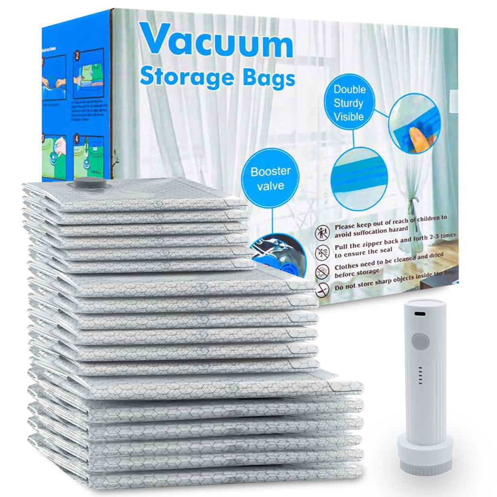 Vacuum Seal Bags 18-Pack with Wireless Pump, 6 Large/6 Medium/6 Sizes, Reusable Storage for Clothes Travel, Luggage & Suitcases, Portable Space Saver
