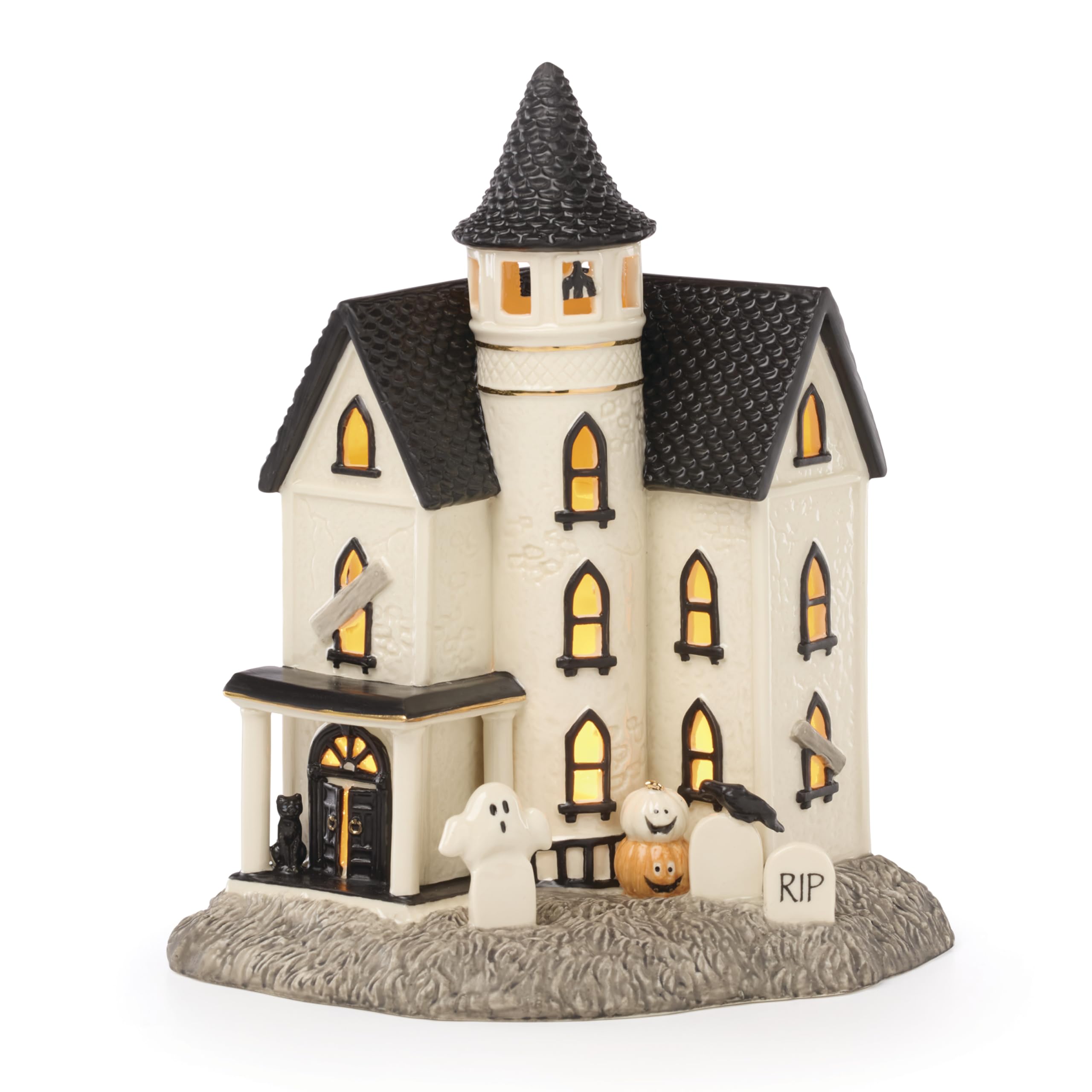 Lenox Vintage Halloween Light-Up Manor Figurine, 8.25-Inch, Porcelain Haunted House, Halloween Decor Indoor, Pumpkins, Ghost, Fall Decor Spooky Table Decoration (1 Piece) 3 AAA Batteries Not Included
