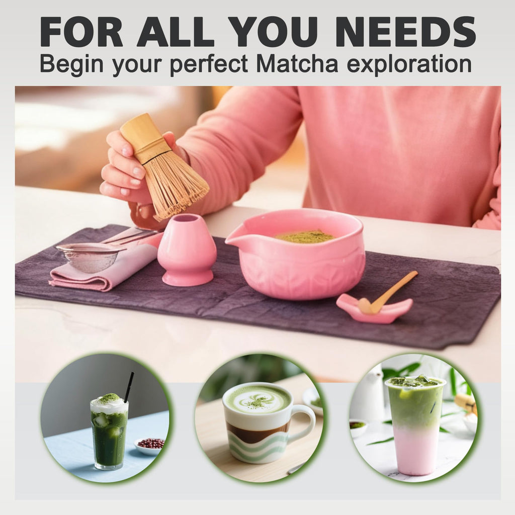 Matcha Whisk Bowl Set, 7PCS Japanese Matcha Kit with Spout Bowl (Pink) Bamboo Whisk Stand Scoop Sifter Accessories for Tea Ceremony Latte, Gifts for Family,Friends