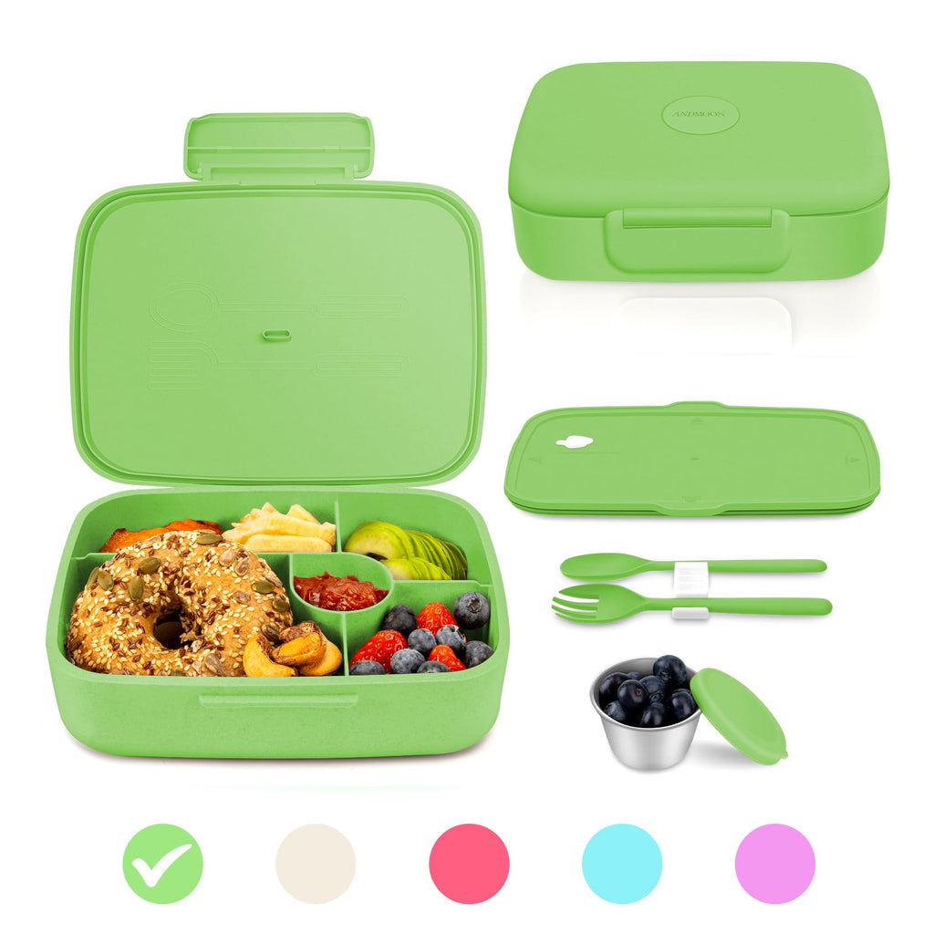 ANDMOON Bento Lunch Box with Kids/Adults, 5 Compartments Leakproof Lunch Container with Dressing Cup, Eco-Friendly Double Insulated Boxes, Dishwasher and Microwave Safe, BPA-Free (green)