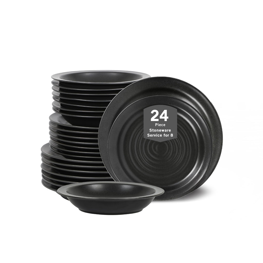 Stone Lain Orbit 24-Piece Dinnerware Set Stoneware, Plates and Bowls Set, Pasta Bowls, Microwave and Dishwasher Safe, Dish Set for 8, Charcoal