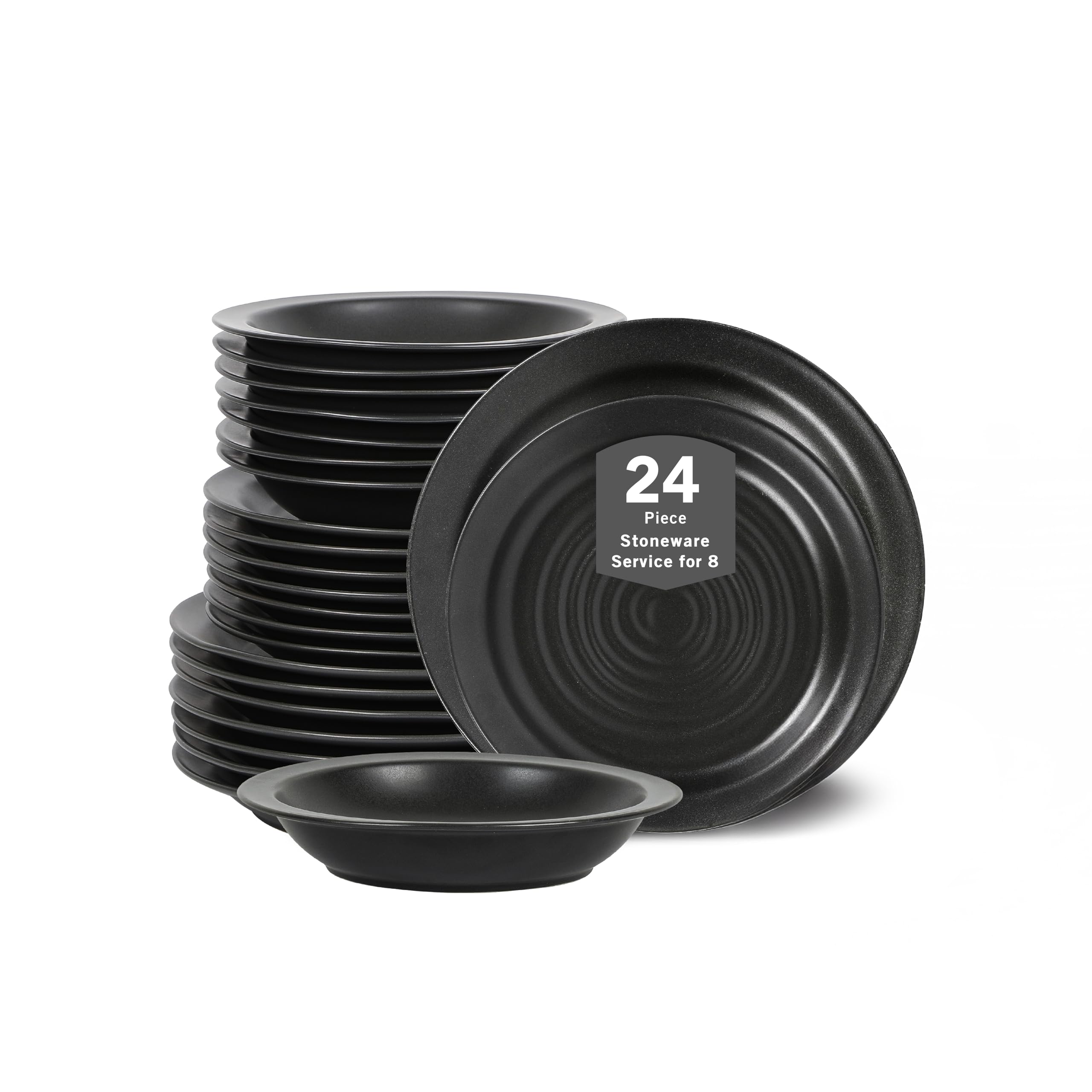 Stone Lain Orbit 24-Piece Dinnerware Set Stoneware, Plates and Bowls Set, Pasta Bowls, Microwave and Dishwasher Safe, Dish Set for 8, Charcoal