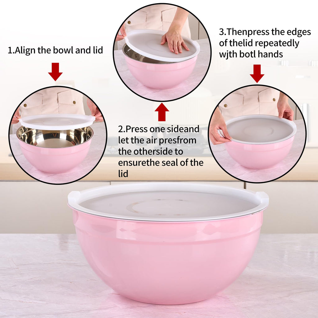 LKTDYMEG Pink Mixing Bowls with Lids Set of 7, Stainless Steel Nesting Bowl with Khaki Lid for Non-slip Mixing Prepping Storing Serving, 7 Sizes-7/3.6/2.7/2.1/1.5/1/0.8 QT
