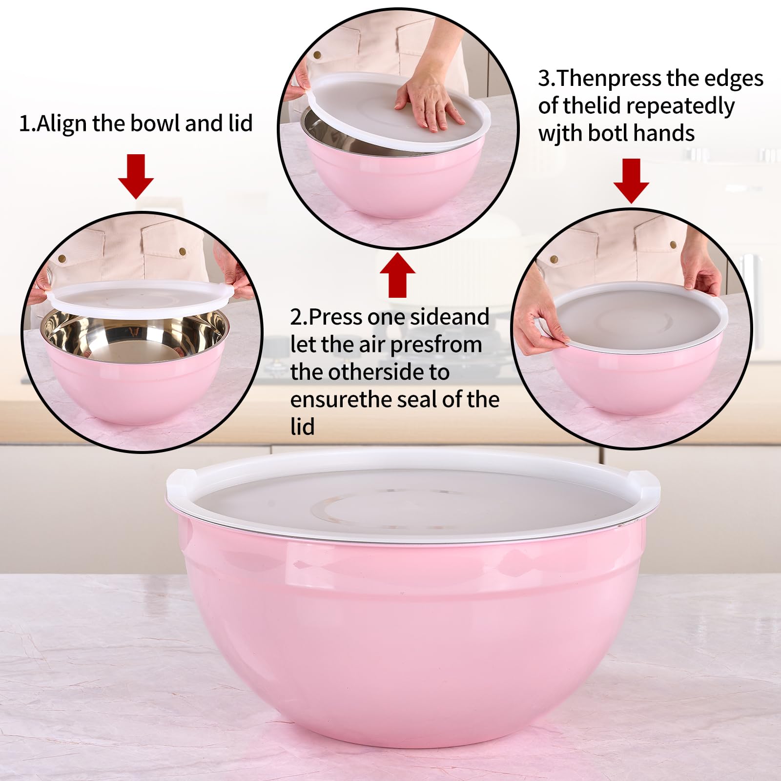 LKTDYMEG Pink Mixing Bowls with Lids Set of 7, Stainless Steel Nesting Bowl with Khaki Lid for Non-slip Mixing Prepping Storing Serving, 7 Sizes-7/3.6/2.7/2.1/1.5/1/0.8 QT