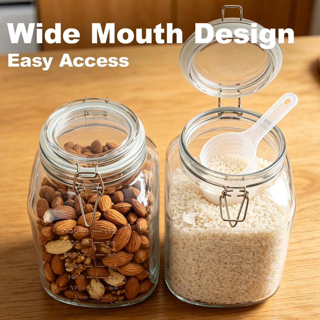 PUSCRIENO 2 Pack 1.1 Gallon Square Super Wide Mouth, Airtight Glass Storage Jars, with Measurement Marks, Leak-Proof Lids for Kitchen Pantry, Canning, Dry Food (Flour, Sugar) & Drinks