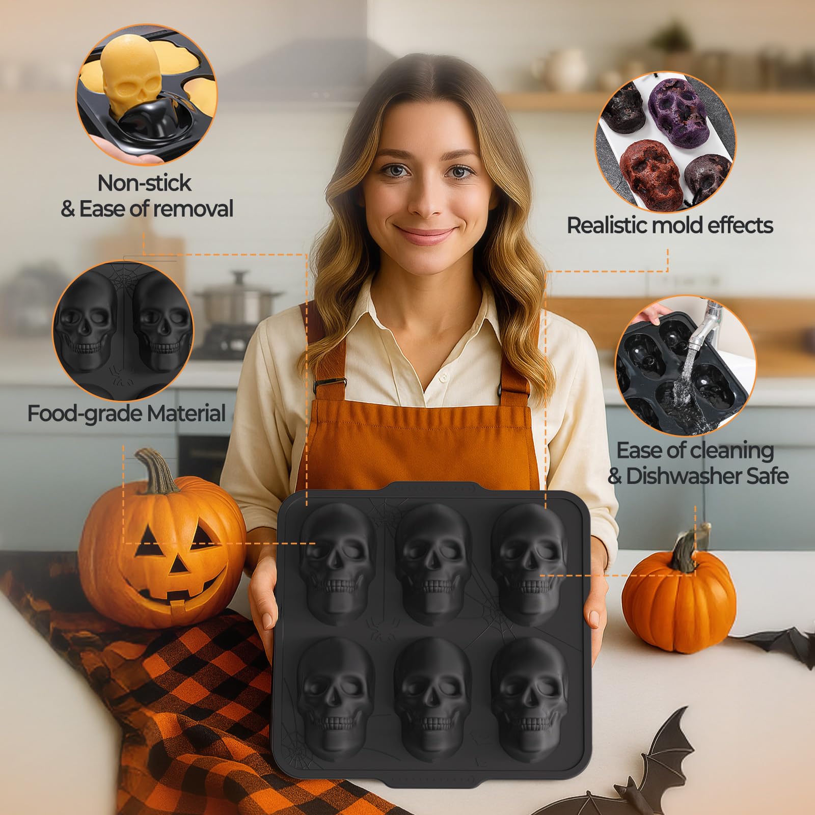 PinAmigos Silicone Skull Cake Pan with Metal Framed - 6 Cavity Skull Baking Pan & Silicone Mold for Halloween Parties & Baking Fun | Food-Safe Non-Stick Ice Cube Tray, Cupcake Maker