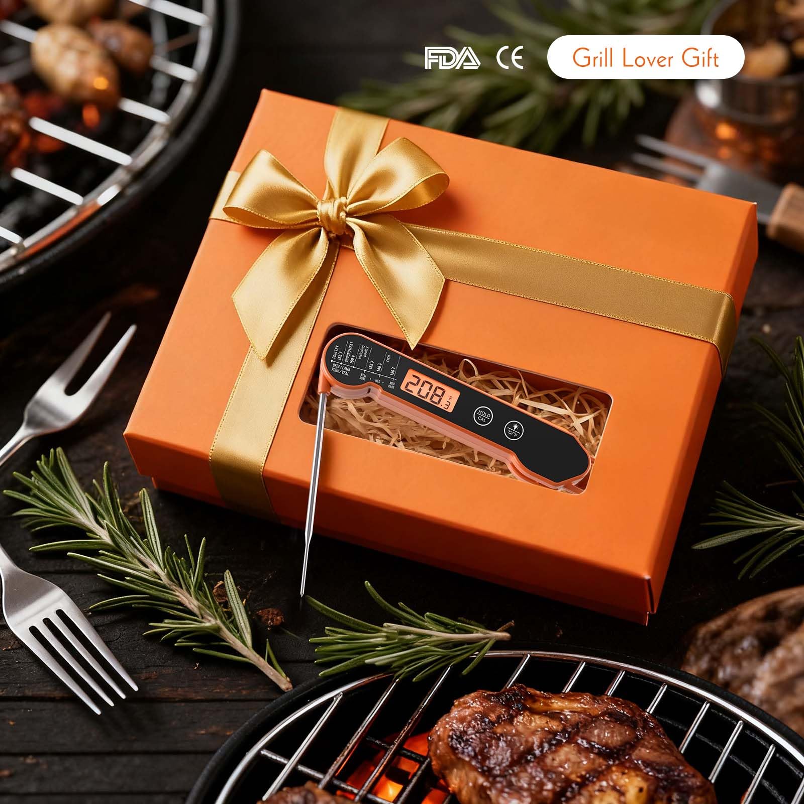 CaloriMastery Meat Thermometer Digital with Backlight, Calibration & Hold Function, IP65 Waterproof Food Thermometer for Cooking, Outdoor Grilling, Candy Making