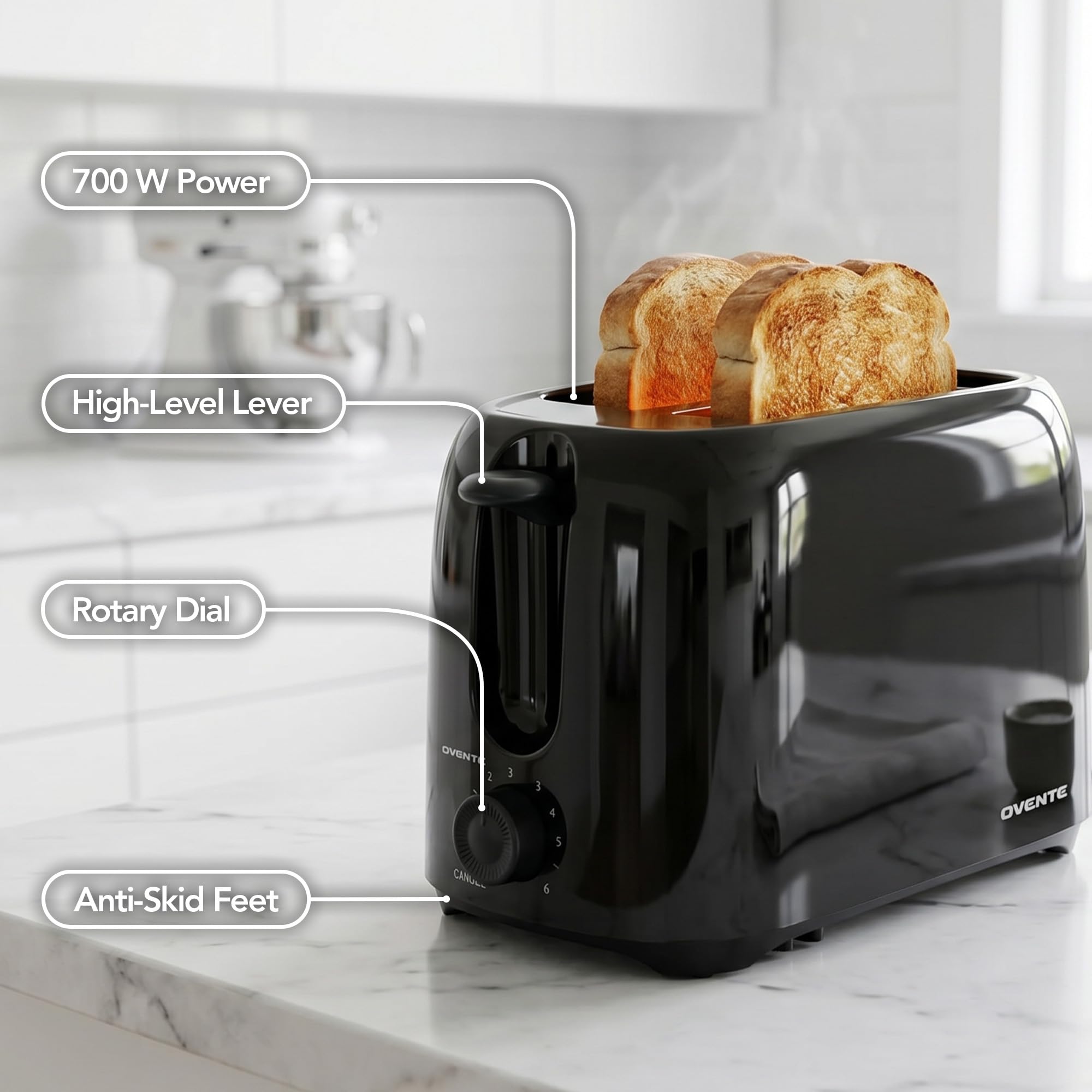 OVENTE Electric 2 Slice Toaster Machine 6-Shade Setting, Black TP2210B
