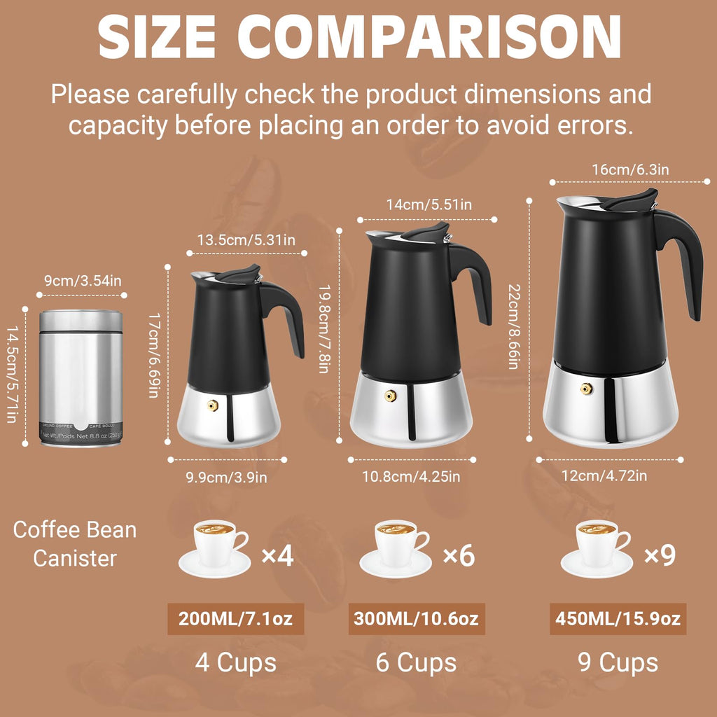 Suiitat 6 Cup Stainless Steel Moka Pot, 300ml Stovetop Espresso Maker, Black