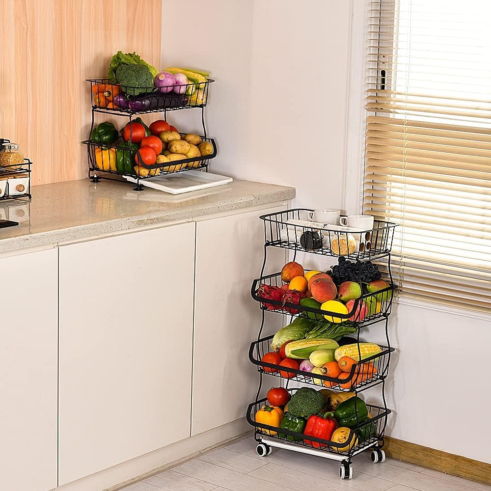 Miyawell Fruit Vegetable Storage Basket, 4 Tier Stackable Metal Wire Storage Baskets with Wheels, Fruit Vegetable Produce Basket Organizer Bins for Kitchen, Pantry, Bathroom